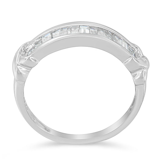 Sterling Silver Wedding Ring with half-station baguette cut diamonds in rhodium-plated .925 silver band. Elegant fine jewelry for weddings or gifts.