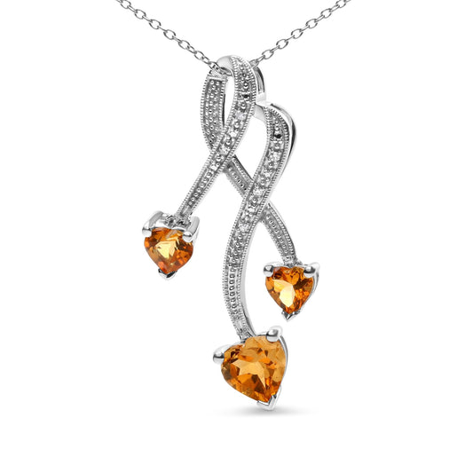 .925 Sterling SilverStone Heart Shape Citrine and Diamond  18" Pendant Necklace