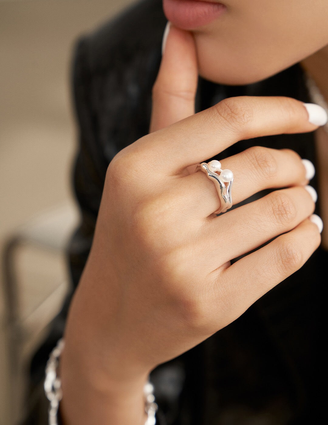 Open Pearl Ring - Handmade Pearl Jewelry | Adjustable Size shown on hand, featuring double-layer design with natural pearls and 18k gold-plated finish.