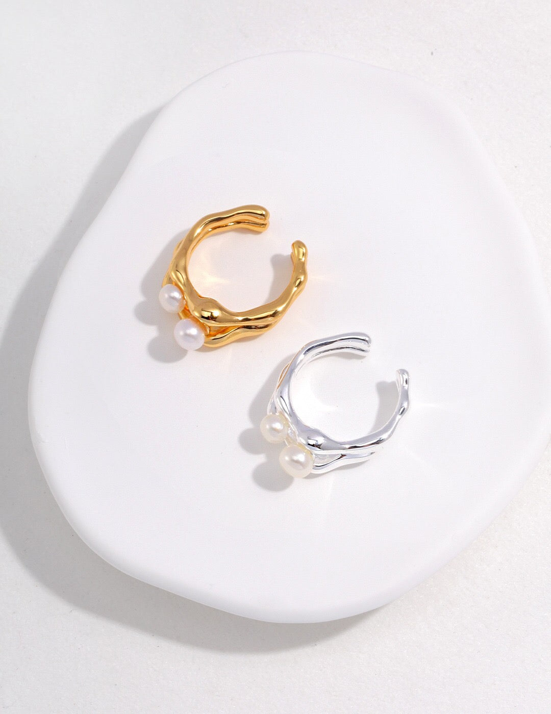 Open Pearl Ring in gold and silver finishes with double-layer design and natural pearls. Handmade adjustable jewelry for elegant everyday wear.