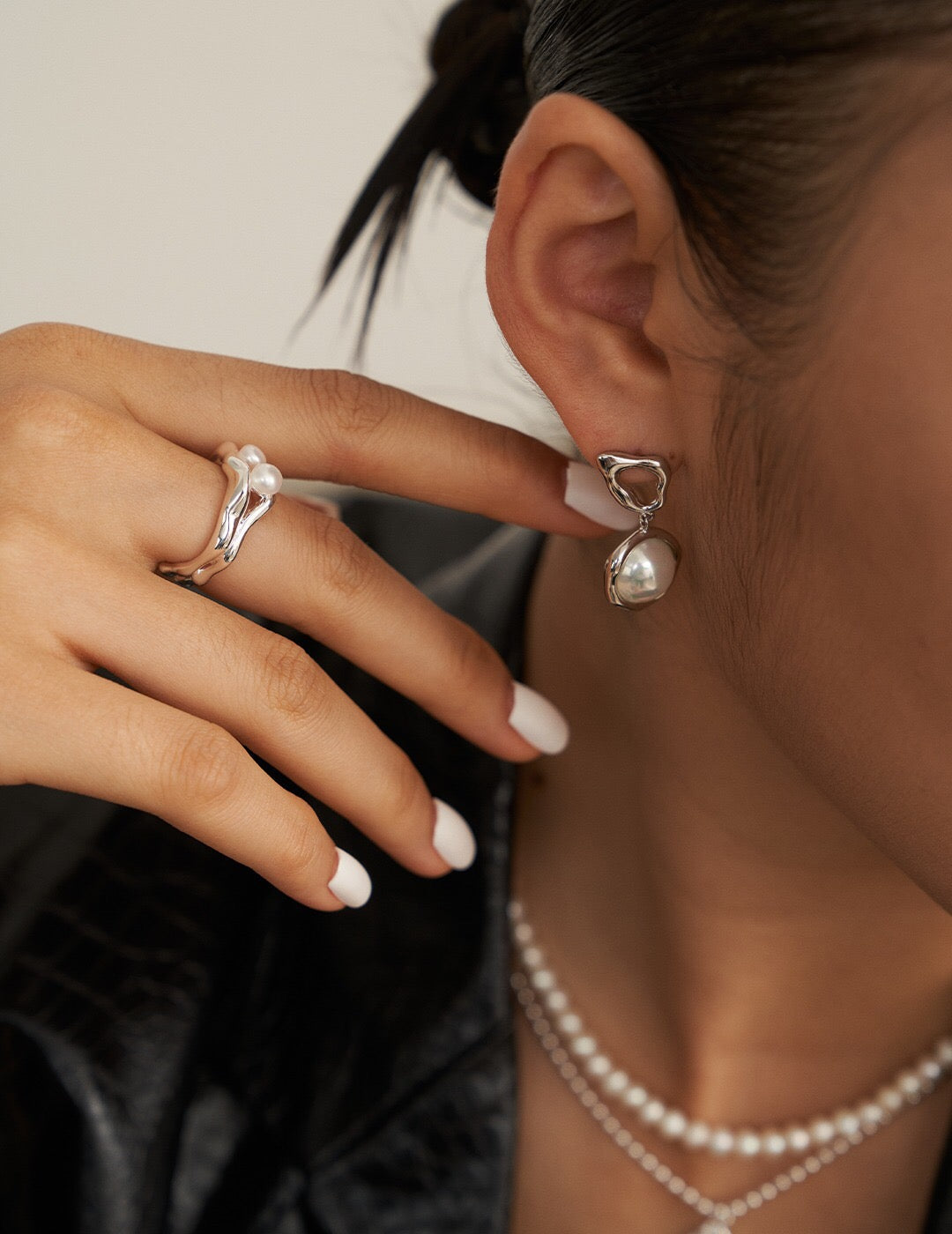 Open Pearl Ring - Handmade Pearl Jewelry featuring a double-layer design with natural pearl on adjustable 18k gold-plated sterling silver band.