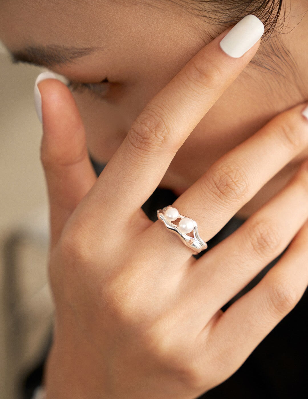 Open Pearl Ring featuring double-layer design with natural pearls and 18k gold-plated sterling silver. Adjustable handmade jewelry for elegant wear.