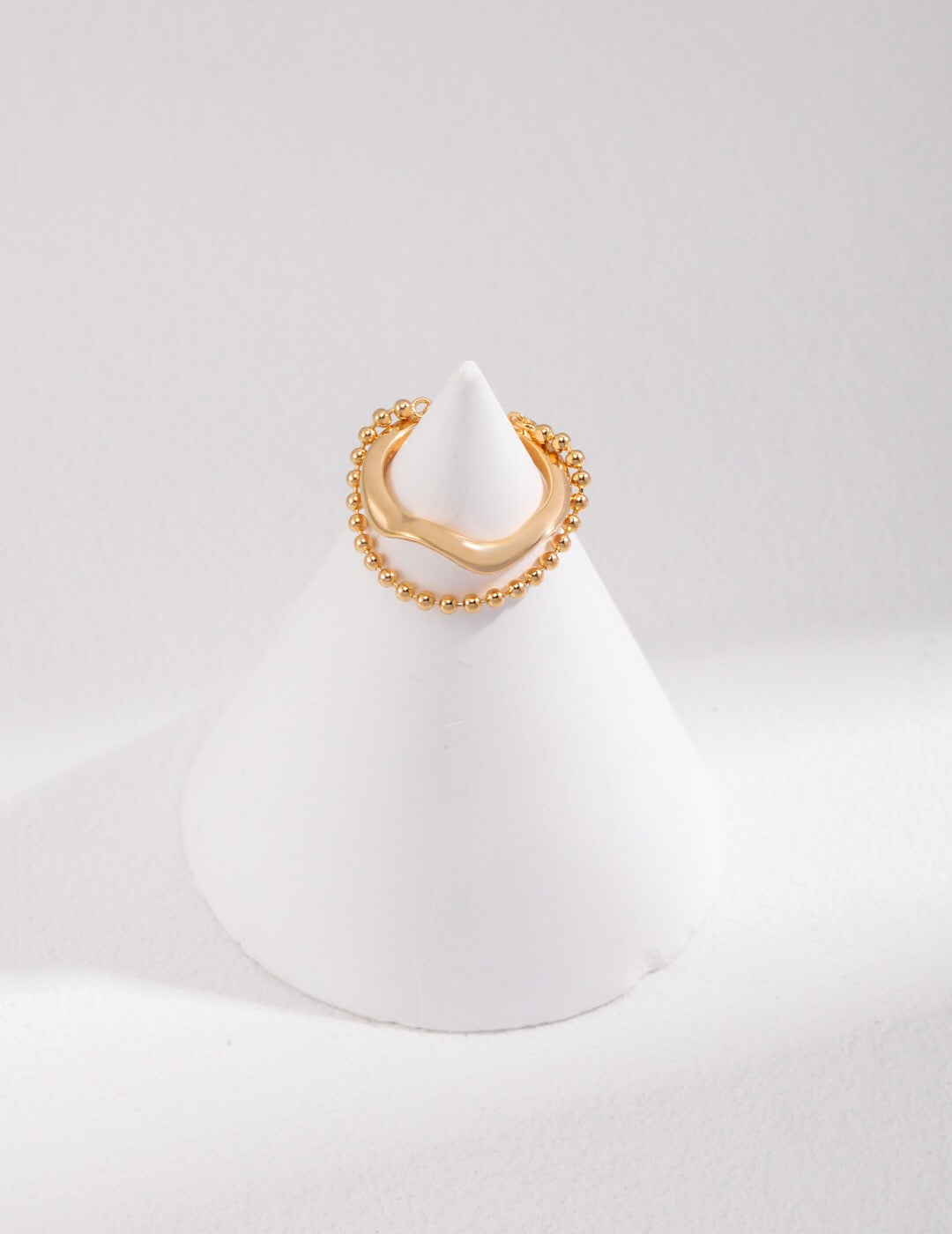 Beaded Chain Irregular Ring in 18k gold-plated sterling silver, featuring a unique handmade design and adjustable fit for modern jewelry lovers.