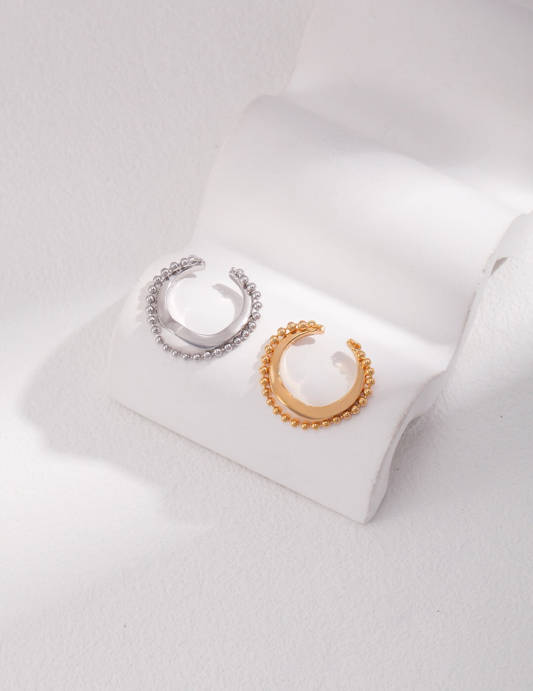 Beaded Chain Irregular Rings in silver and 18k gold-plated finishes, handmade from s925 sterling silver with adjustable open band design.