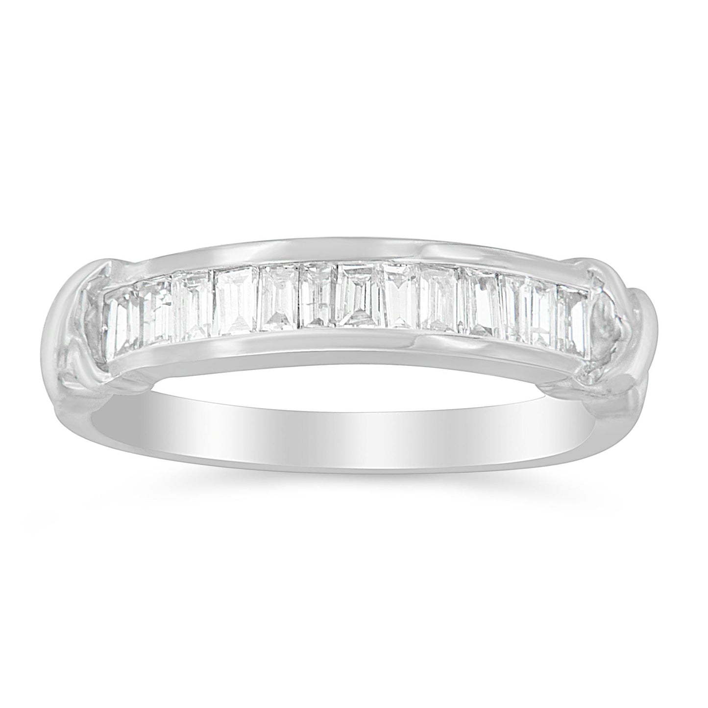 Sterling silver wedding ring with baguette cut diamonds in a half-station design. Elegant diamond band ideal for weddings or special occasions.