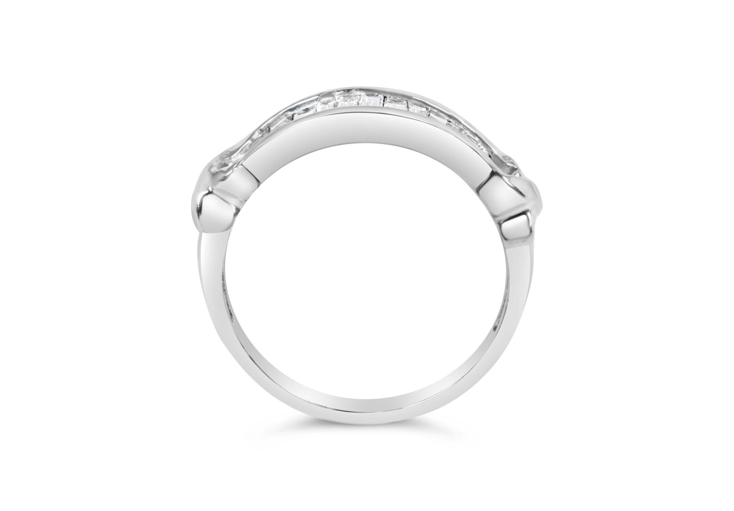 Sterling Silver Wedding Ring - Diamond Band with baguette cut diamonds in a half-station design, viewed from the side to show elegant curve.