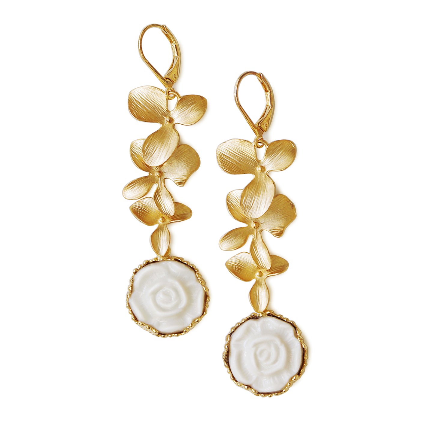 Porcelain Moonlight Rose and Triple Leaves Drop Earrings with gold-toned floral accents and white porcelain roses, ideal for elegant styling.