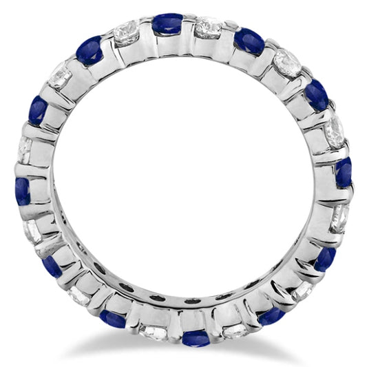 Side view of Eternity Diamond and Blue Sapphire Ring Band 14k White Gold (2.35ct) showing full circle gemstone arrangement and polished finish.