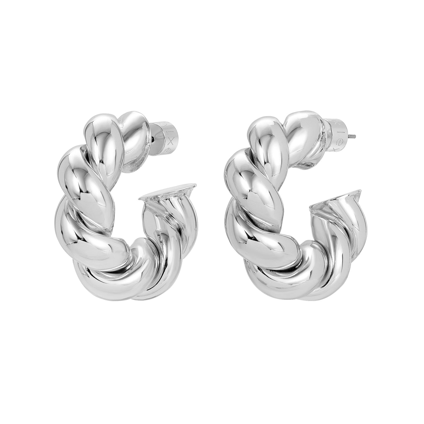 Tallulah Hoops by Eklexic in rhodium-silver finish, crafted from sustainable brass with bold twisted hoop design. Handcrafted and hypoallergenic.