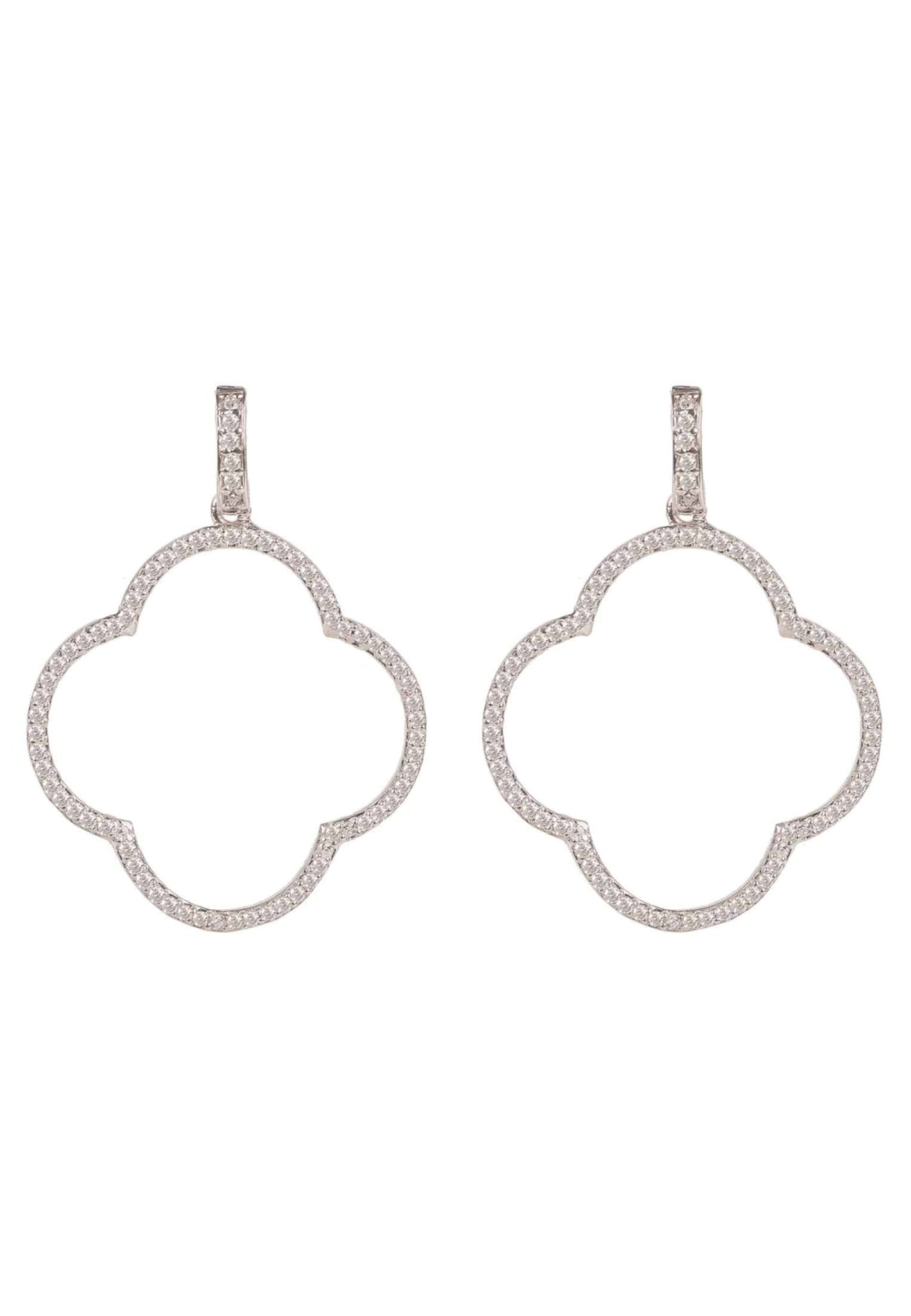 Open Clover Large Drop Earrings White Cz Silver