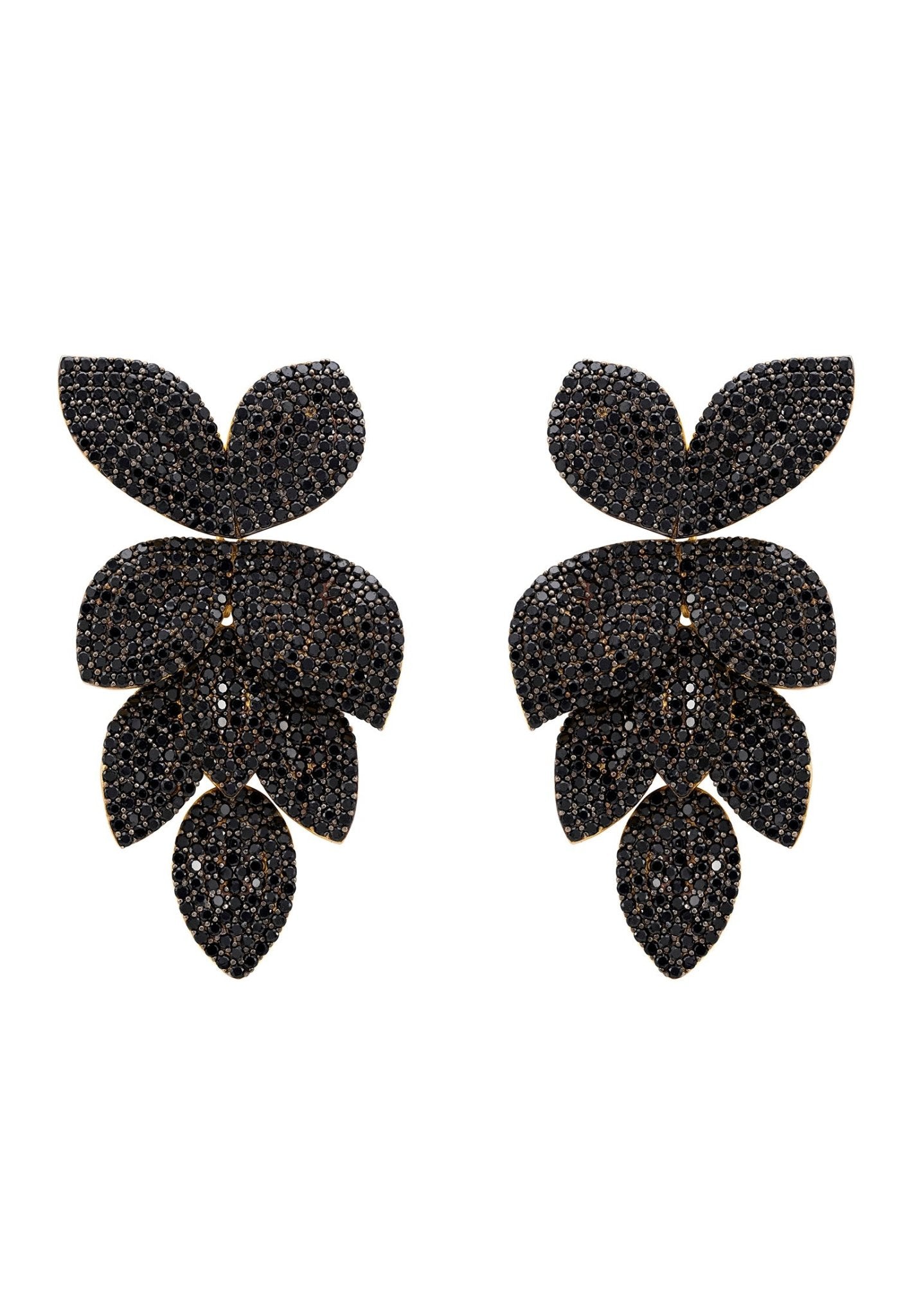 Petal Cascading Flower Earrings Gold Black Cz