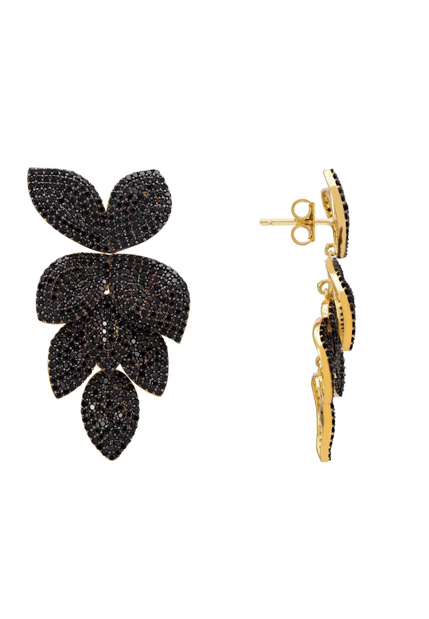 Petal Cascading Flower Earrings Gold Black Cz