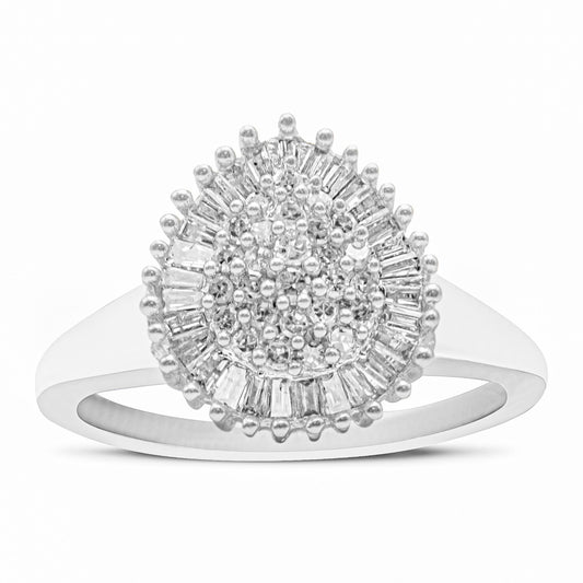 10K White Gold 1/2 Cttw Round & Baguette Cut Diamond Pear Shaped Domed Pavé Ring