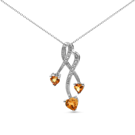 .925 Sterling SilverStone Heart Shape Citrine and Diamond  18" Pendant Necklace