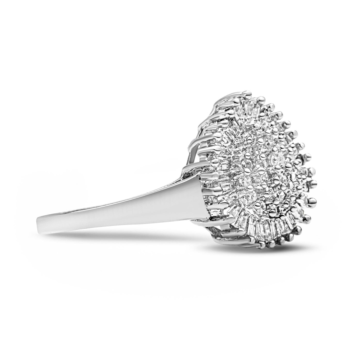 10K White Gold 1/2 Cttw Round & Baguette Cut Diamond Pear Shaped Domed Pavé Ring