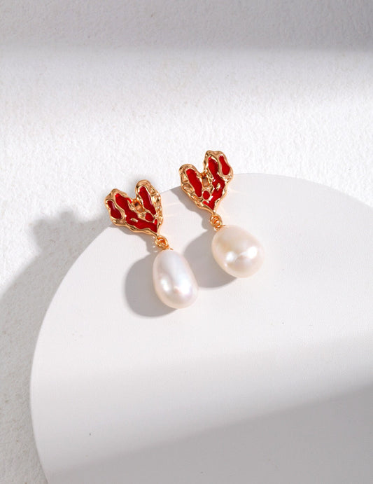 Heart Pearl Earrings with red enamel heart tops and freshwater pearl drops, 18k gold-plated, handmade and hypoallergenic.