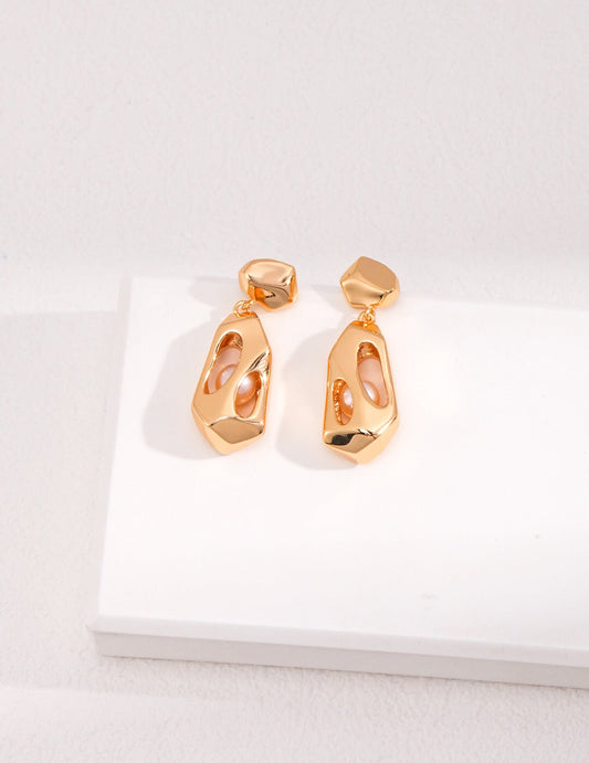 Unique Pearl Earrings in gold with openwork design and freshwater pearls, handmade and tarnish-resistant for elegant drop earring style.