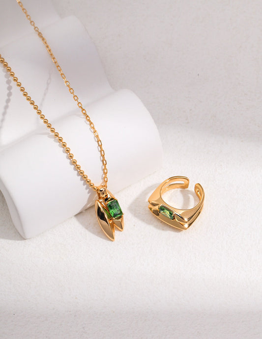Handmade Green Zircon Necklace in gold vermeil with matching adjustable ring, featuring a vibrant green gemstone pendant on a fine chain.