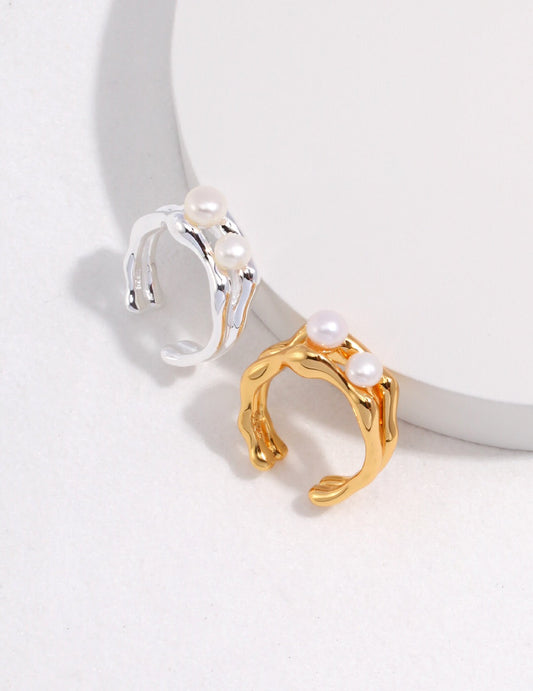 Open Pearl Ring in gold and silver with double-layer design, featuring natural pearls and adjustable band. Handmade pearl jewelry for elegant styling.