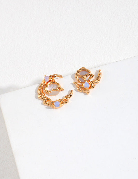 Crescent Moon Style Asymmetrical Opal Stud Earrings in 18k gold-plated finish with iridescent opals, perfect for celestial jewelry lovers.
