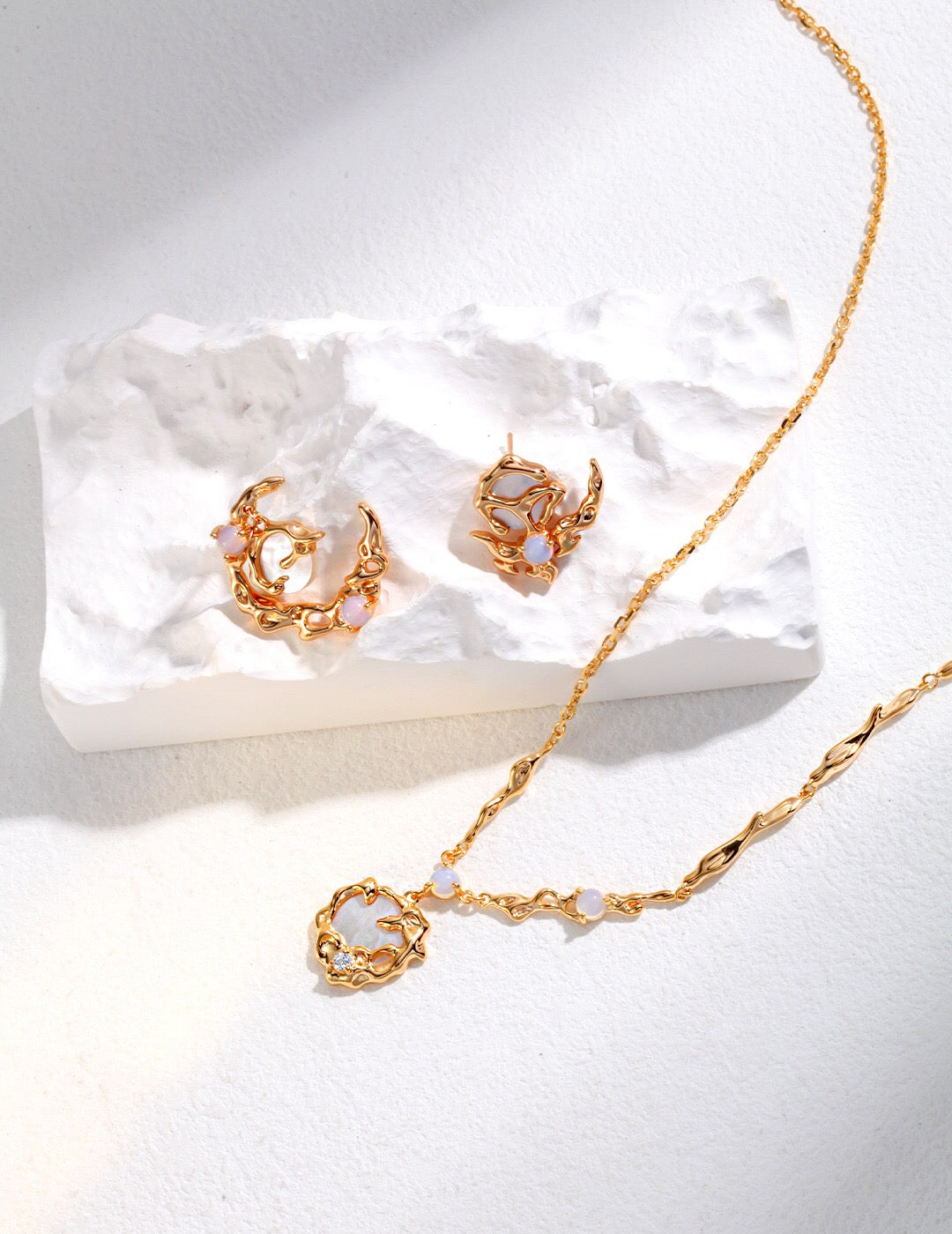Gold Crescent Moon Style Asymmetrical Opal Stud Earrings paired with matching necklace, ideal jewelry gift set for women.