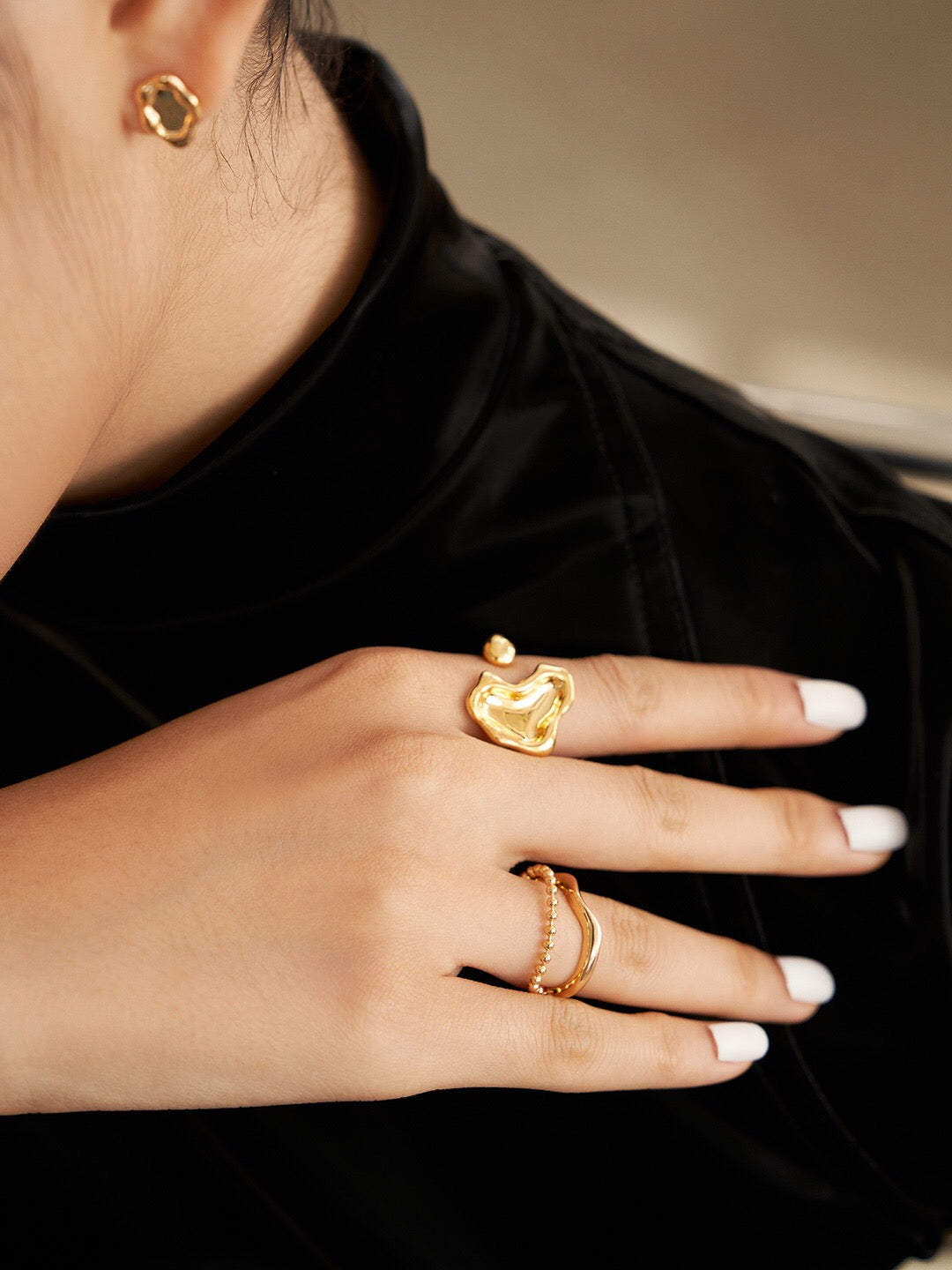 Beaded Chain Irregular Rings in 18k gold-plated sterling silver, featuring adjustable handmade design for a modern, elegant jewelry statement.