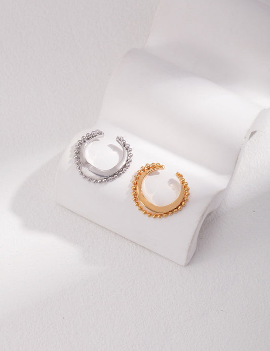 Beaded Chain Irregular Rings in silver and 18k gold-plated finishes, handmade from s925 sterling silver with adjustable open band design.