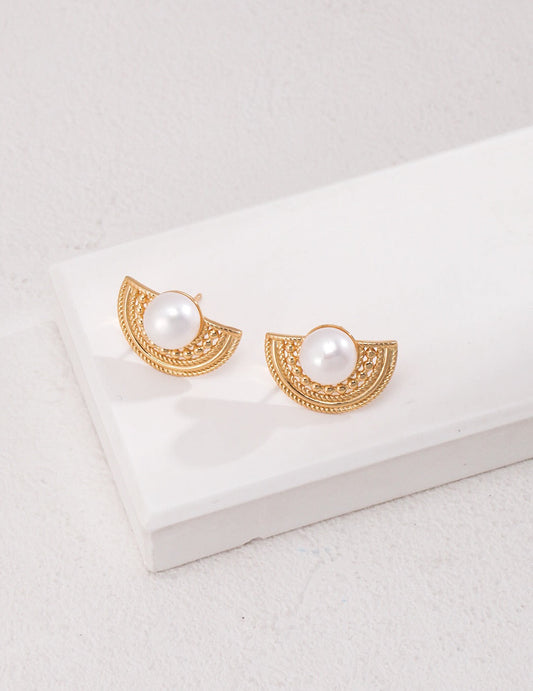 Half Circle Pearl Stud Earrings in tarnish-resistant sterling silver with 18k gold-plated finish, featuring natural pearls and intricate detailing.