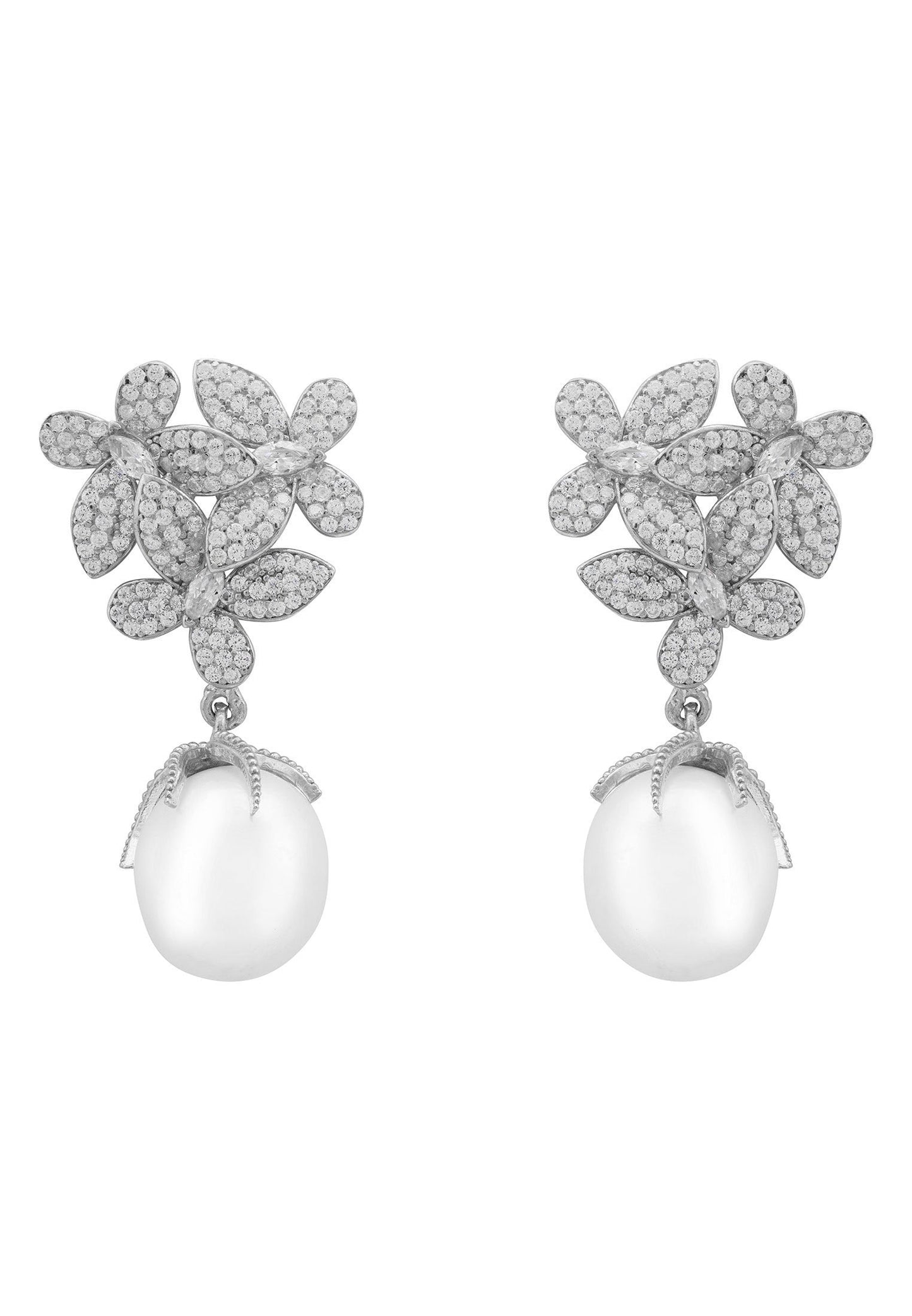 Flowers Pearl Earrings Silver White