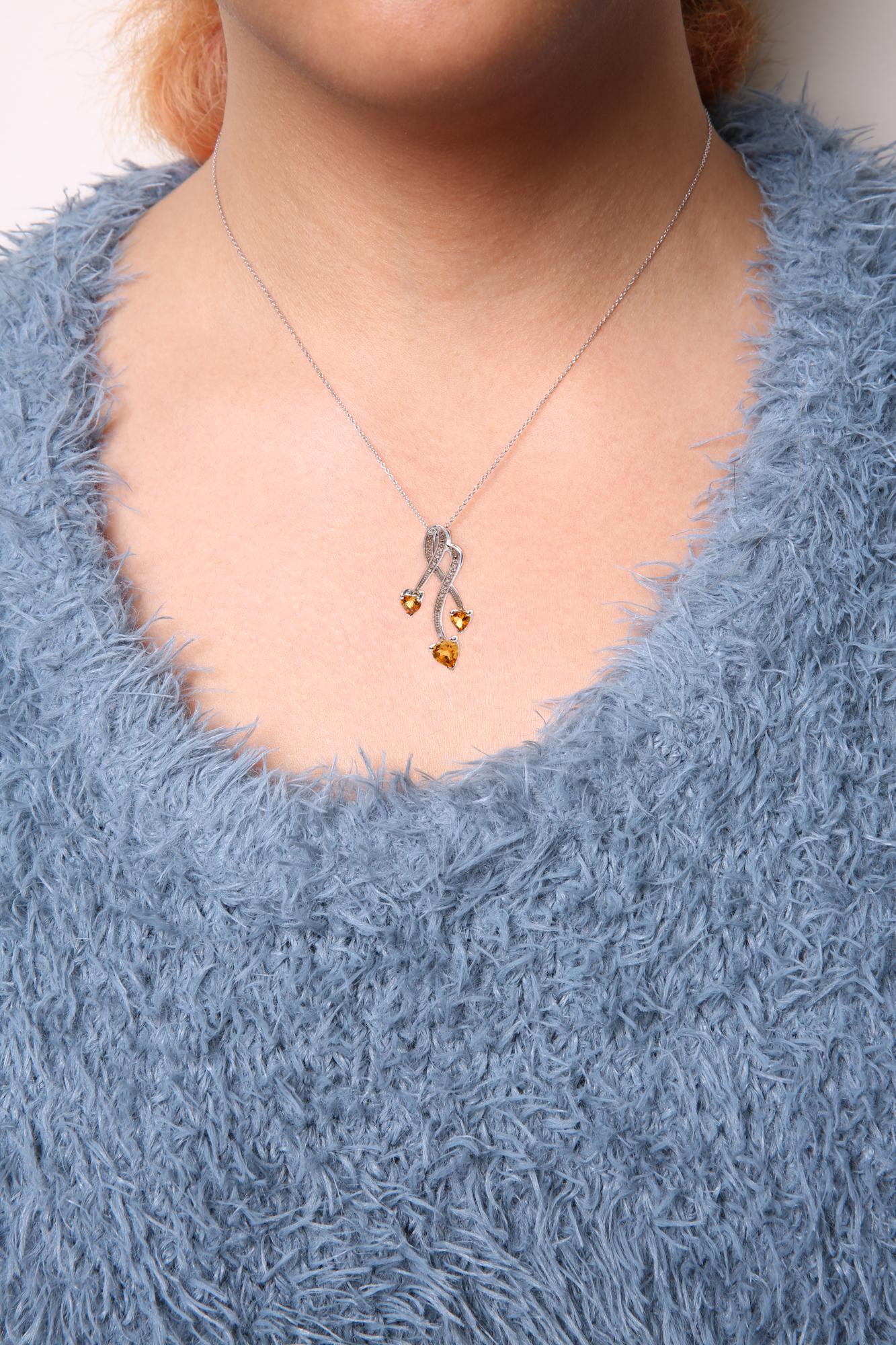 .925 Sterling SilverStone Heart Shape Citrine and Diamond  18" Pendant Necklace