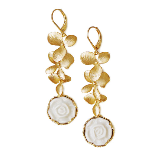 Porcelain Moonlight Rose and Triple Leaves Drop Earrings with gold-toned floral accents and white porcelain roses, ideal for elegant styling.