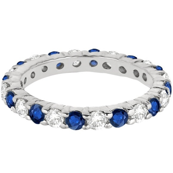 Elegant Eternity Diamond and Blue Sapphire Ring Band 14k White Gold (2.35ct) with alternating gemstones in a seamless eternity design.