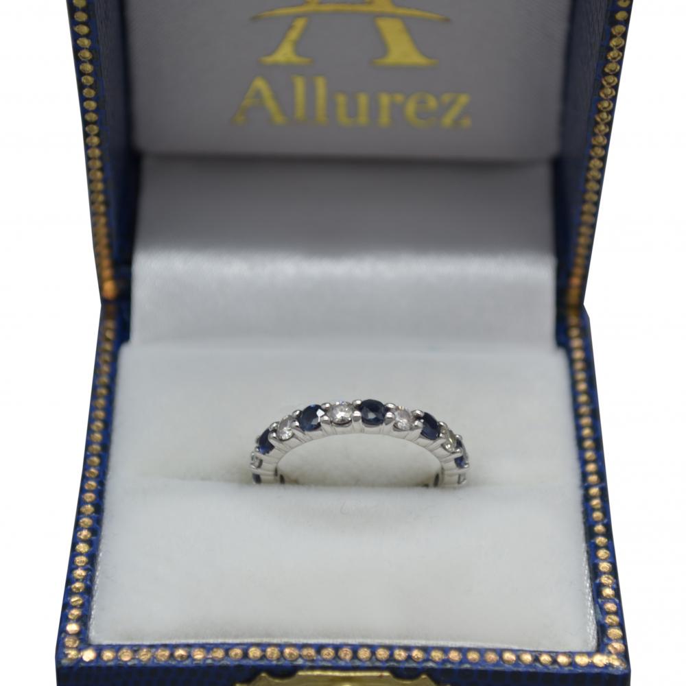 Eternity Diamond and Blue Sapphire Ring Band 14k White Gold (2.35ct) displayed in luxury Allurez box, ideal for gifting or engagement.