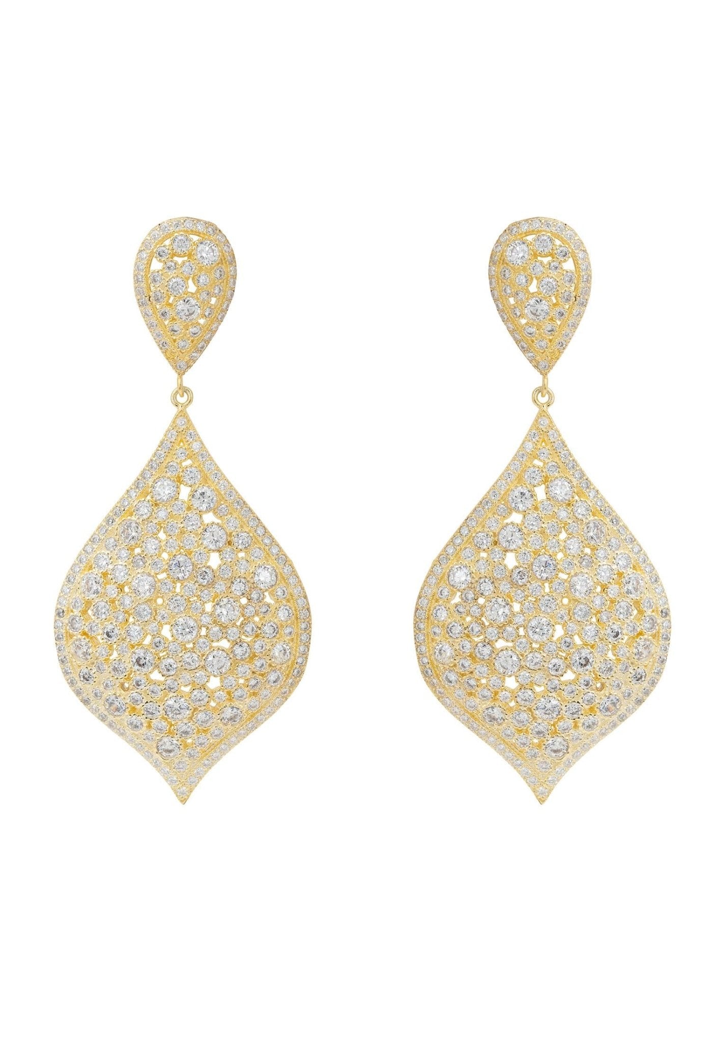 Arabian Nights Earrings Gold feature an ornate teardrop design with 22ct gold and sparkling zircons. Elegant drop earrings inspired by Taj Mahal artistry.