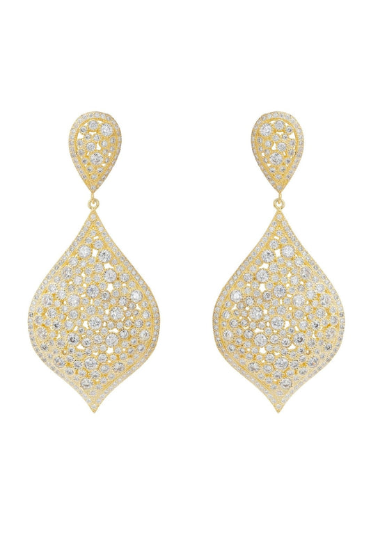 Arabian Nights Earrings Gold feature an ornate teardrop design with 22ct gold and sparkling zircons. Elegant drop earrings inspired by Taj Mahal artistry.