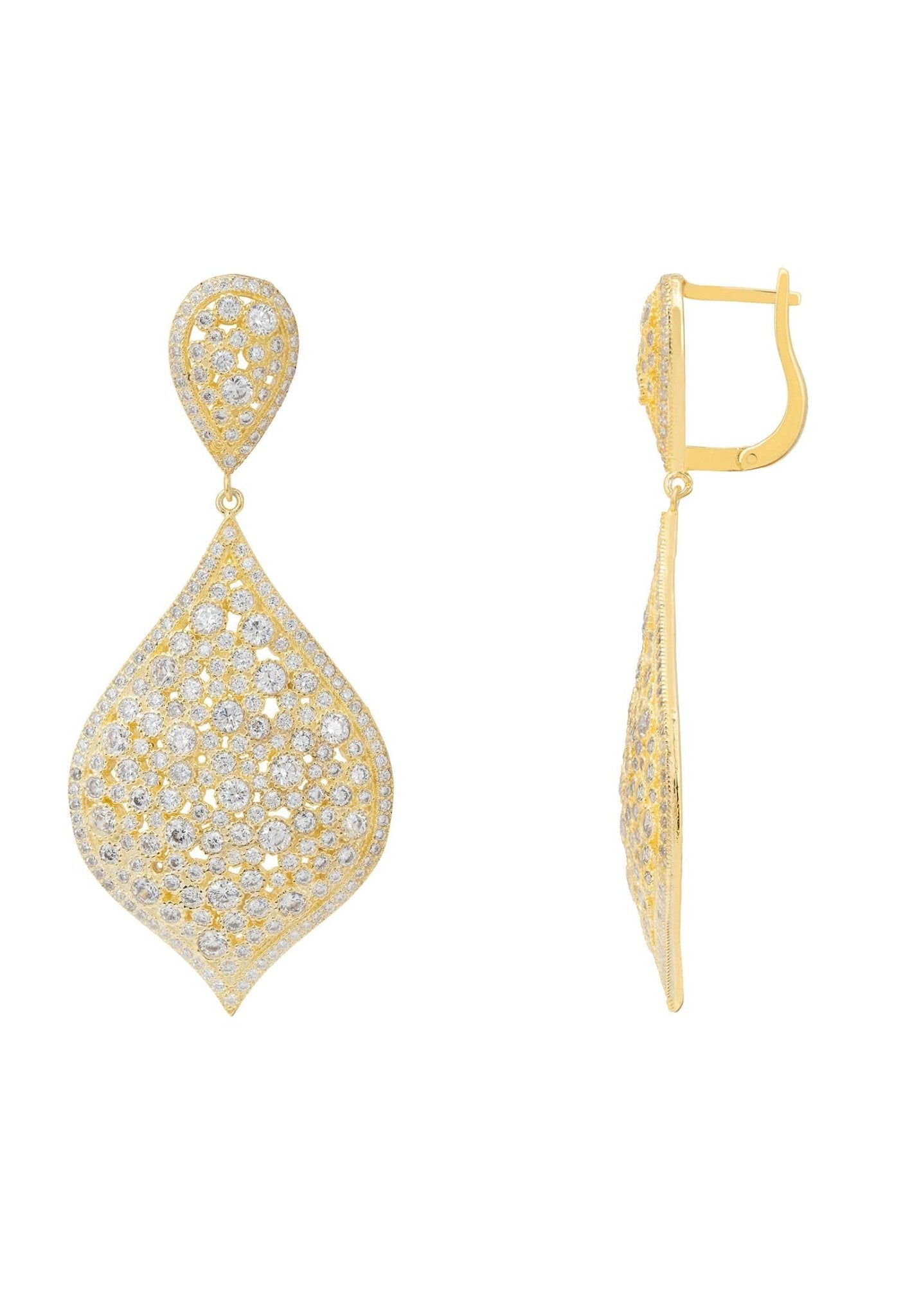 Arabian Nights Earrings Gold feature a teardrop and diamond-shaped drop design, handcrafted in 22ct gold with sparkling zircon crystals.