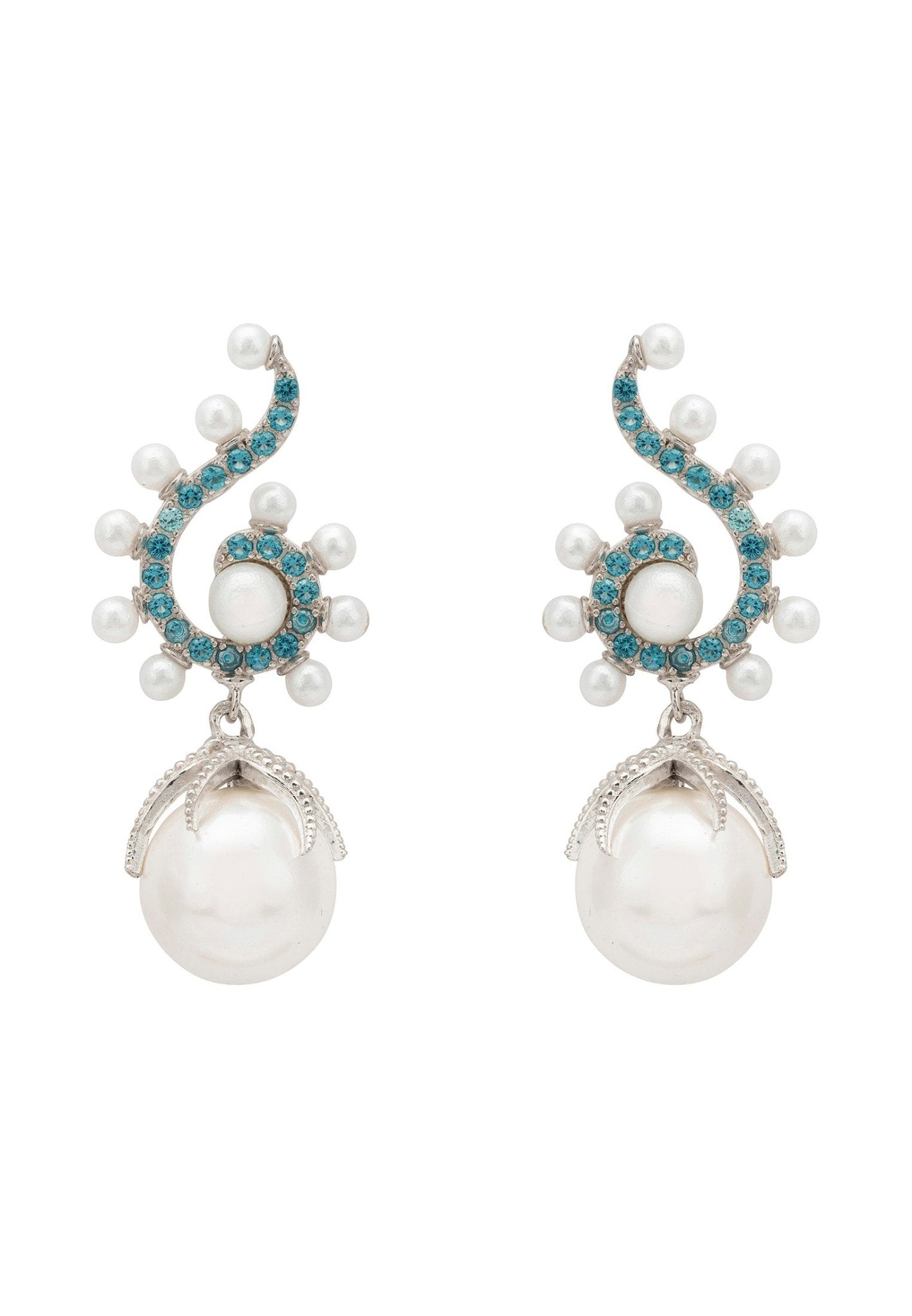 Baroque Pearl Poseidon Gemstone Drop Earrings Aqua Silver