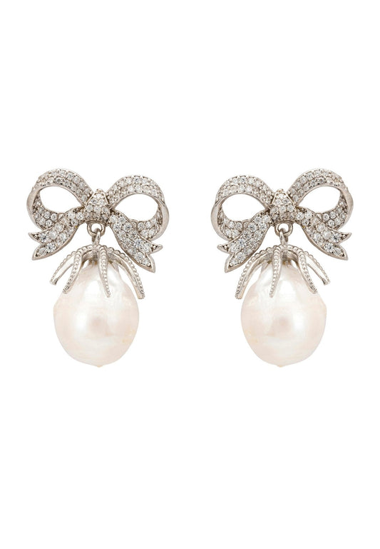 Baroque Pearl Ribbon and Bows Drop Earrings Silver