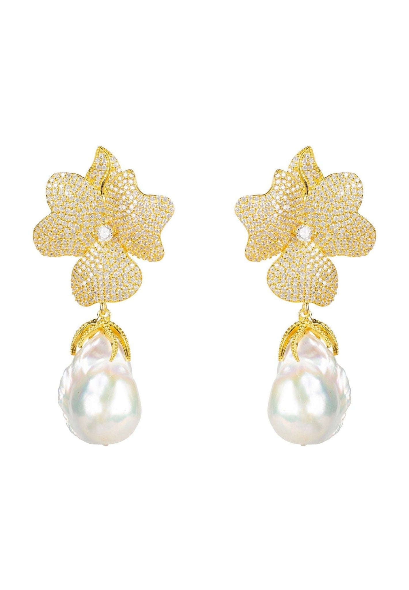Baroque Pearl White Flower Earrings Yellow Gold