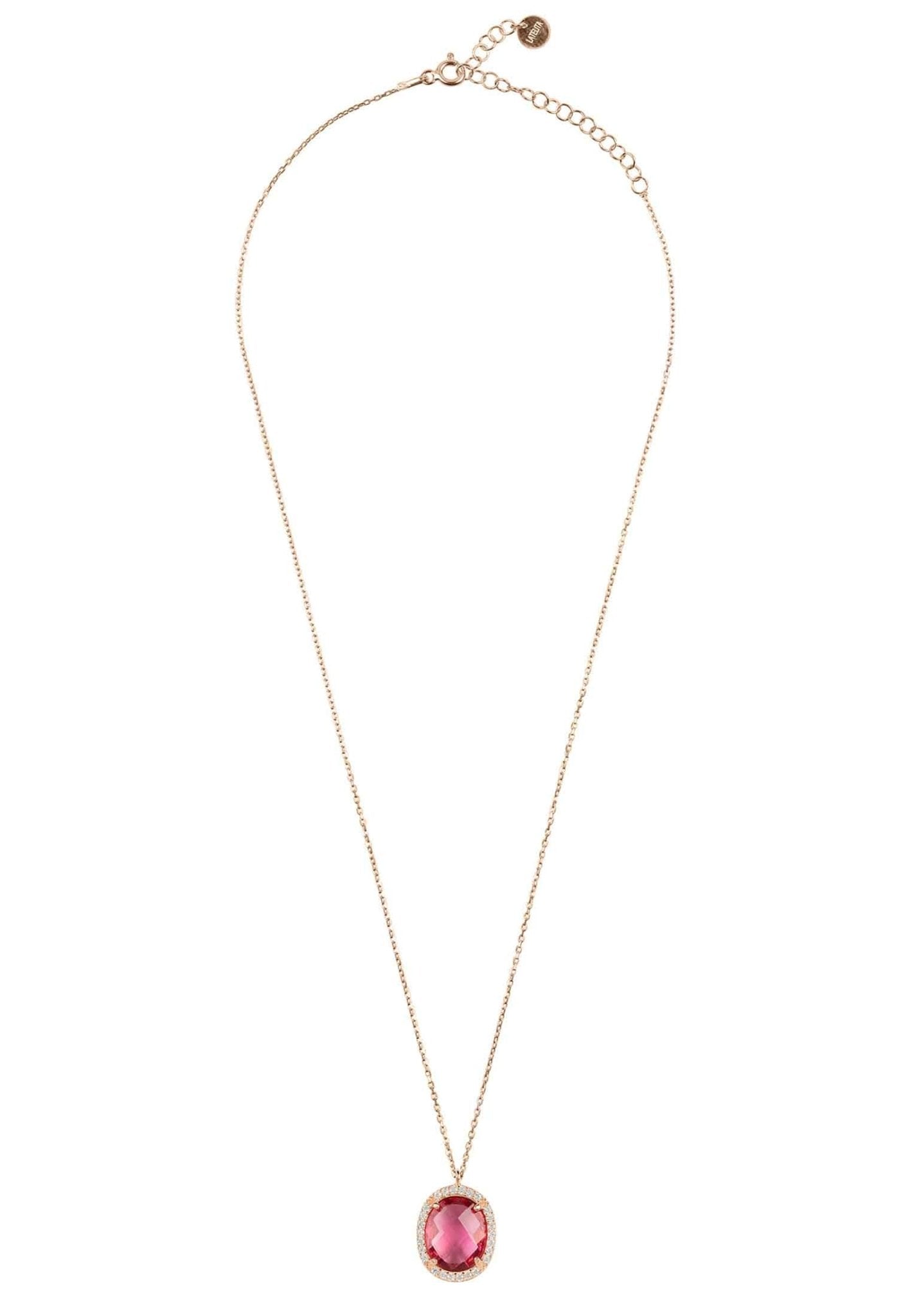 Beatrice Oval Gemstone Pendant Necklace in rose gold with a pink tourmaline centerpiece, perfect for elegant jewelry collections.