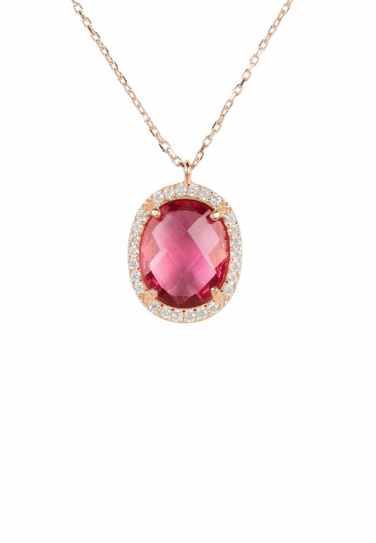 Beatrice Oval Gemstone Pendant Necklace in rose gold featuring a pink tourmaline center stone surrounded by sparkling white accents. Elegant jewelry piece for women.
