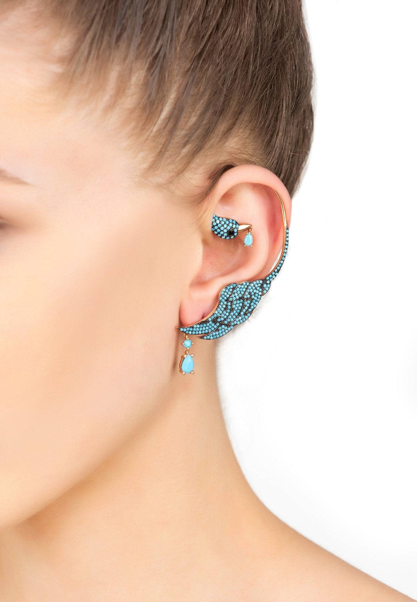 Earrings Bird of Paradise Ear Climber Turquoise Gold Left