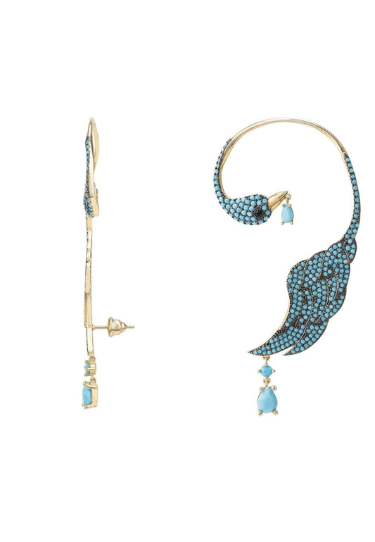 Earrings Bird of Paradise Ear Climber Turquoise Gold Left