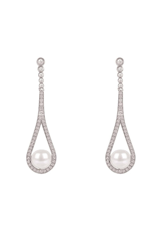 Cradled Pearl Drop Earrings Silver
