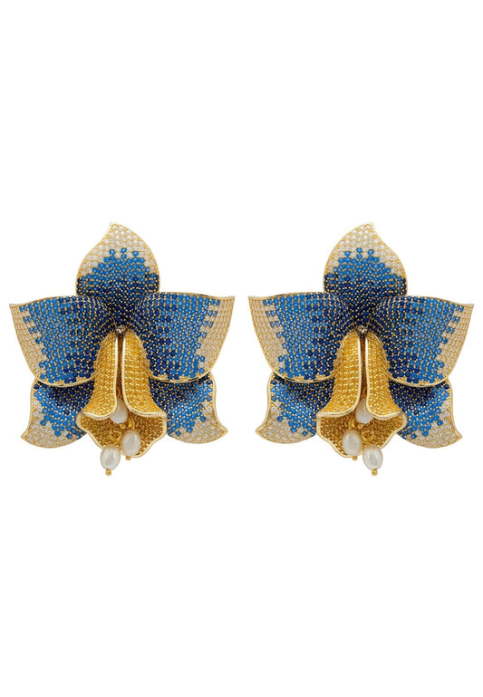 Daffodil With Pearls Earrings Gold Sapphire CZ