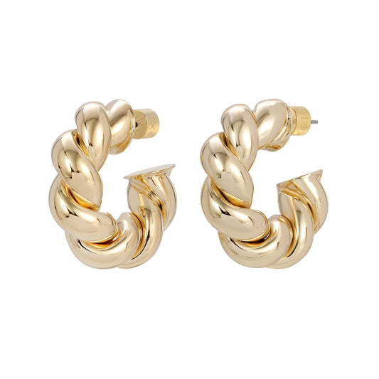 Tallulah Hoops by Eklexic in polished 10k gold finish, featuring chunky twisted brass design. Sustainable, hypoallergenic hoop earrings.