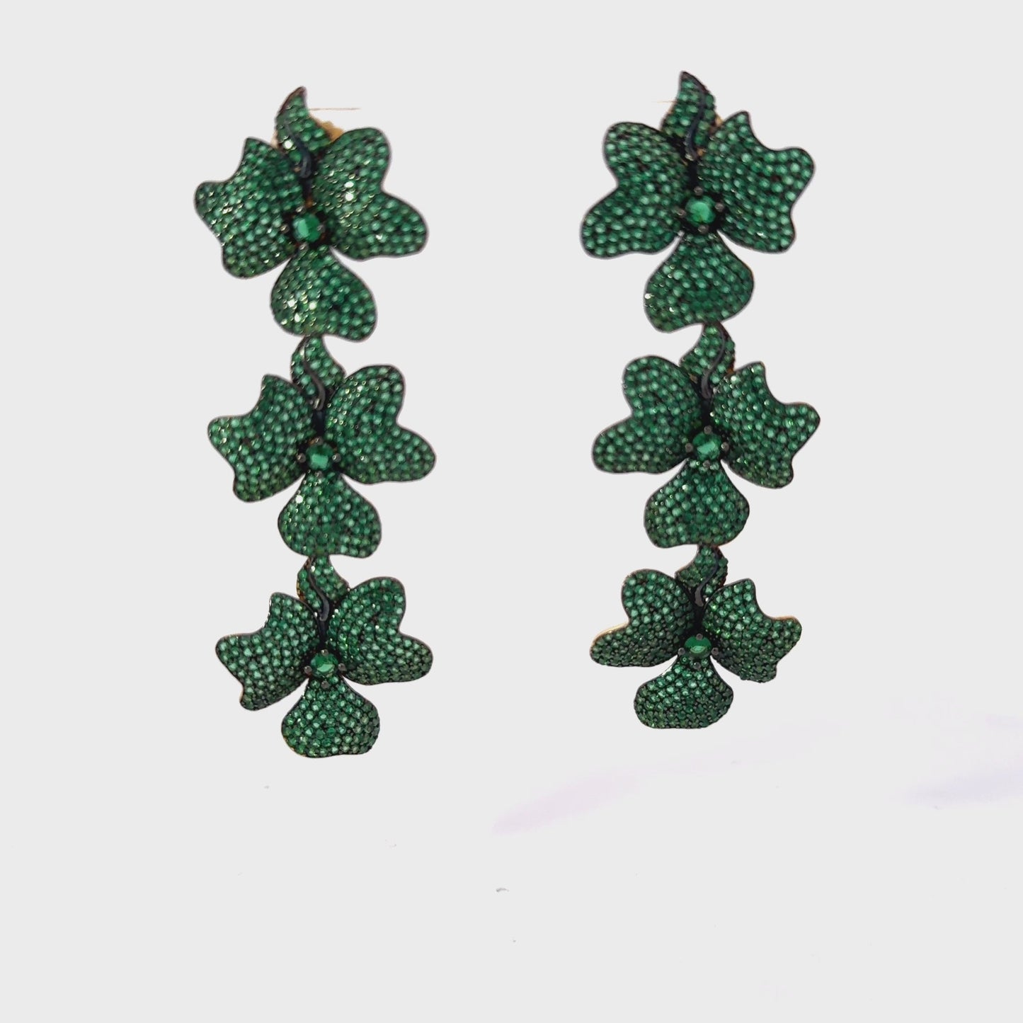Jasmine Flower Triple Drop Earrings Gold Emerald Green