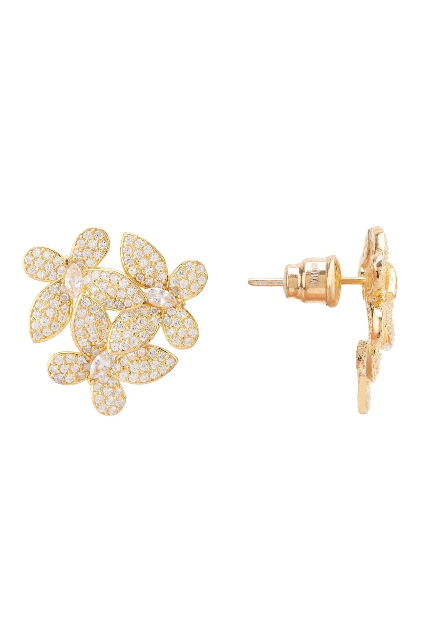 Side and front view of gold flower stud earrings with post back, featuring intricate cubic zirconia detailing.