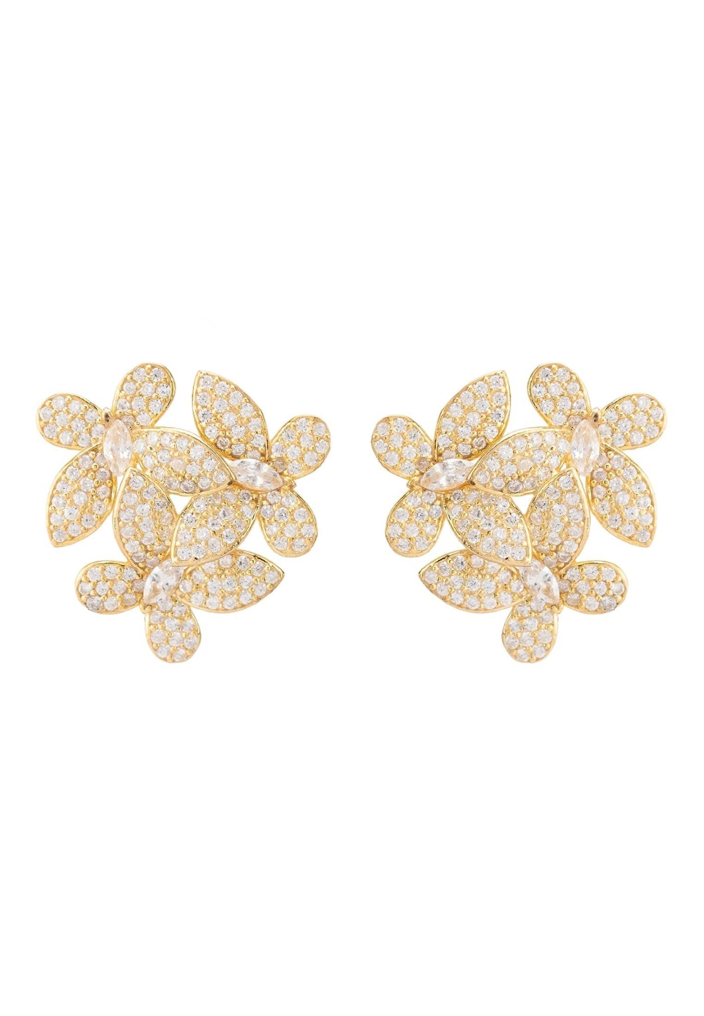 Gold flower stud earrings with three cubic zirconia floral clusters, 22ct gold-dipped for bridal or evening elegance.