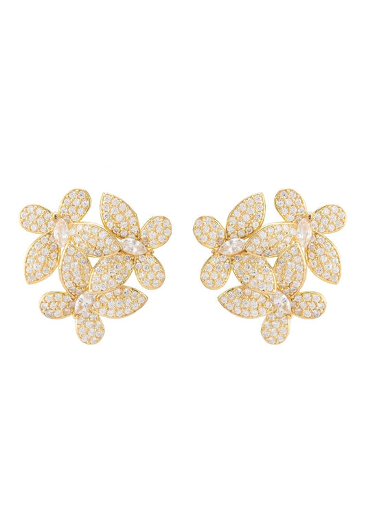 Gold flower stud earrings with three cubic zirconia floral clusters, 22ct gold-dipped for bridal or evening elegance.